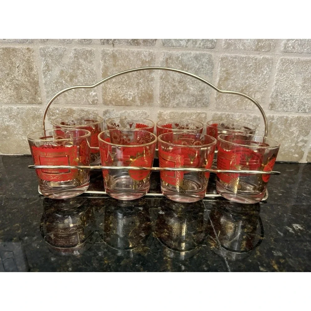 8 VTG Mid Century Modern Red Gold Whiskey Sour Old‎ Fashioned Bourbon Glasses